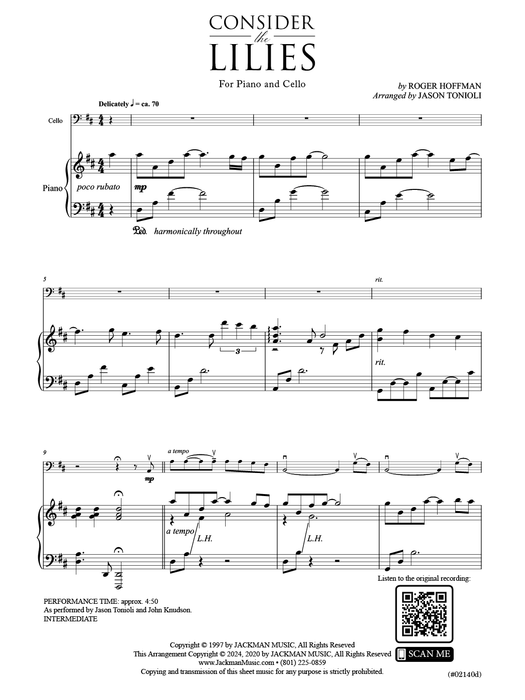 Consider the Lilies - Cello Solo Piano Accompaniment | Sheet Music | Jackman Music