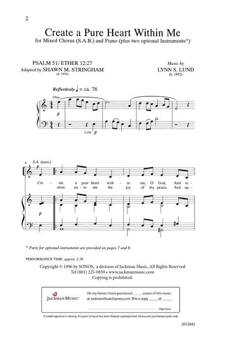 Create A Pure Heart Within Me Satb | Sheet Music | Jackman Music