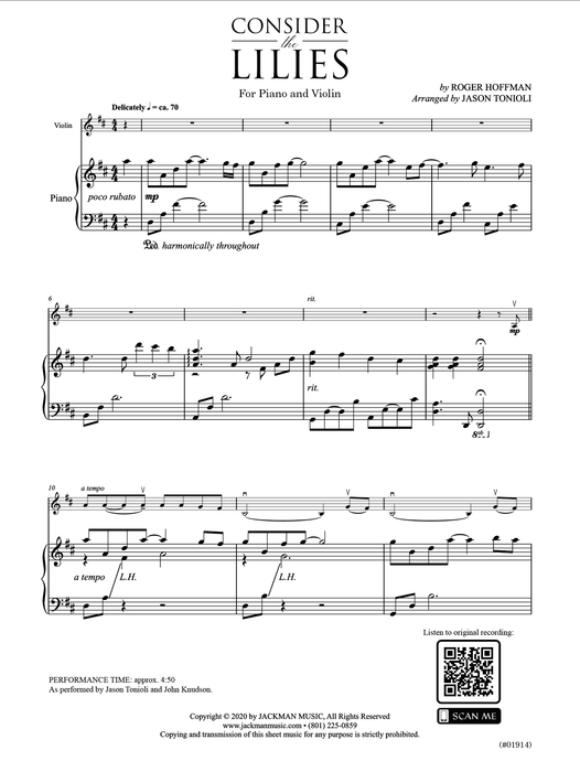 Consider the Lilies - Violin Solo Piano Accompaniment  | Sheet Music | Jackman Music