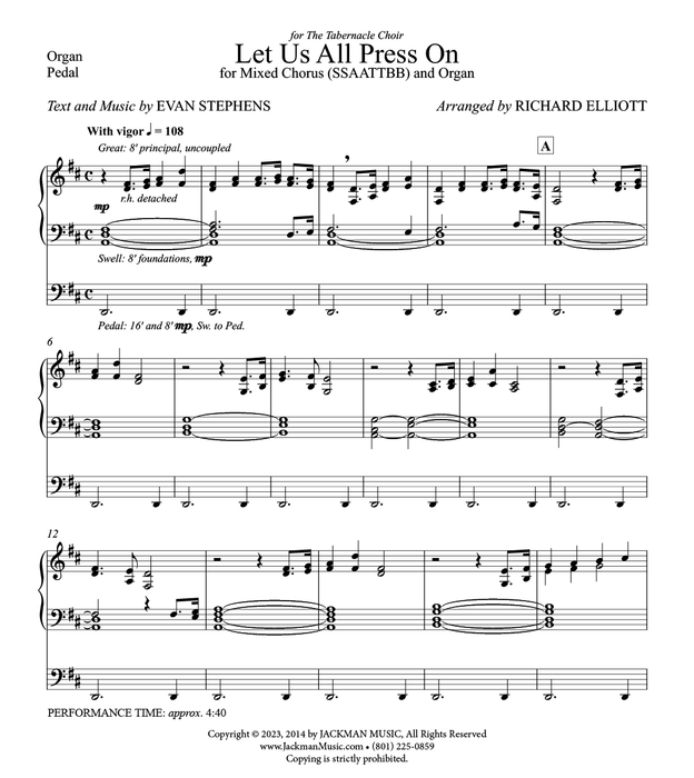 Let Us All Press On Organ Only Accompaniment Part | SSAATTBB Chorus | Jackman Music