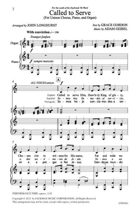 Called To Serve Unison Chorus Organ Piano | Sheet Music | Jackman Music