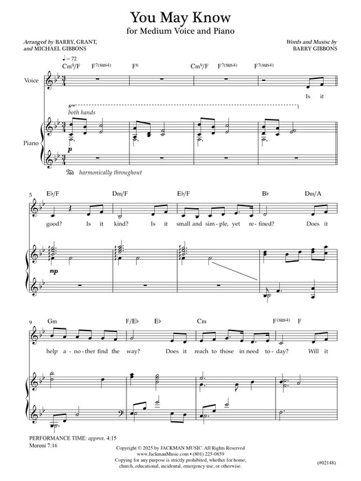 You May Know - Medium Vocal Solo | Jackman Music | Sacred Sheet Music
