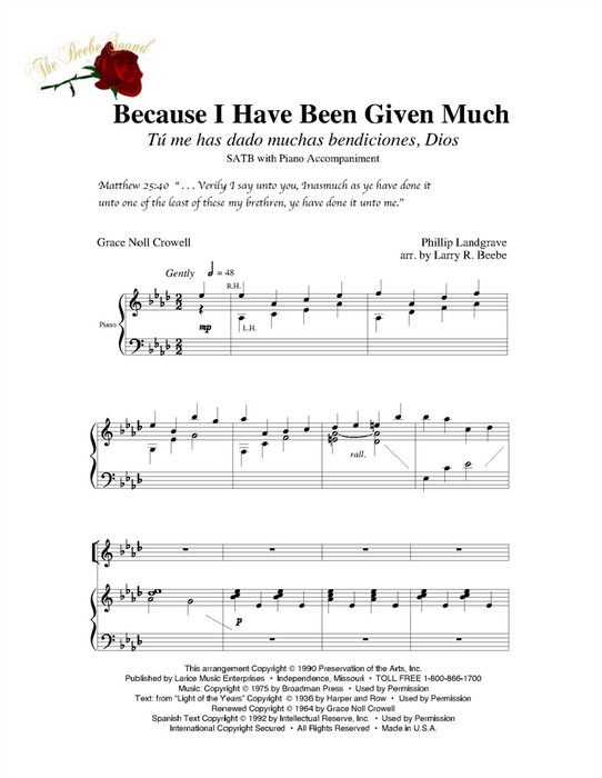 Because I Have Been Given Much - SATB