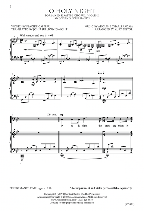 O Holy Night - SSAATTBB - Violins, Piano Four Hands - Bestor