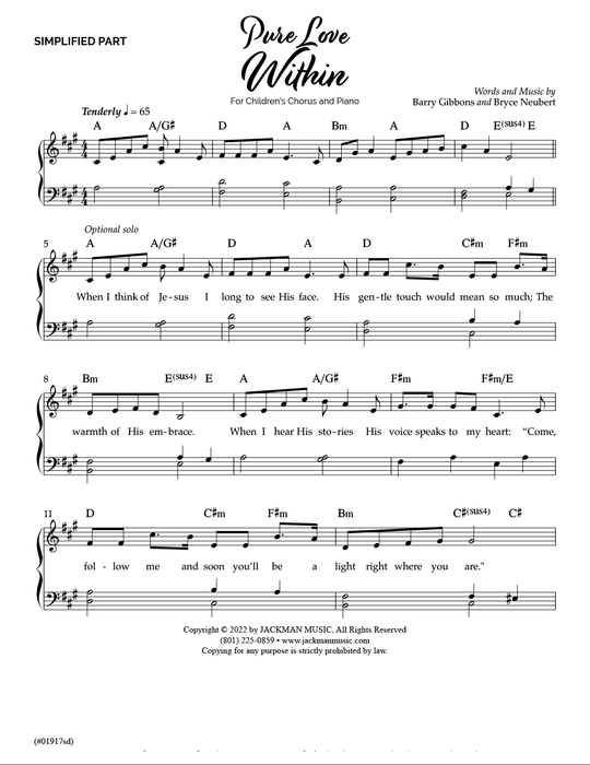 Pure Love Within - Children's Chorus  simplified piano | Sheet Music | Jackman Music