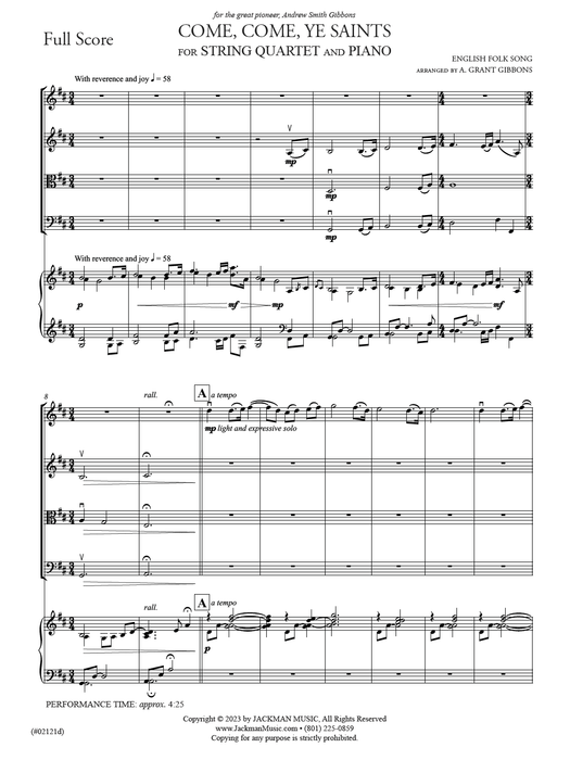 Come, Come, Ye Saints - String Quartet and Piano Full Score | Sheet Music | Jackman Music