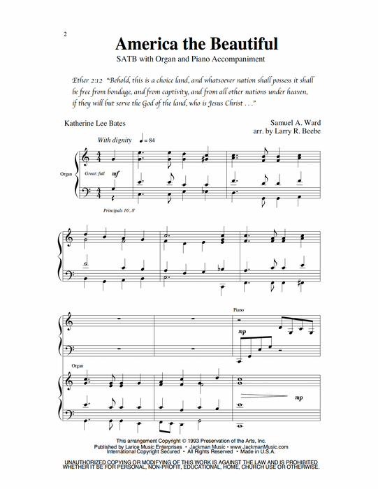 America the Beautiful - SATB, Organ & Piano