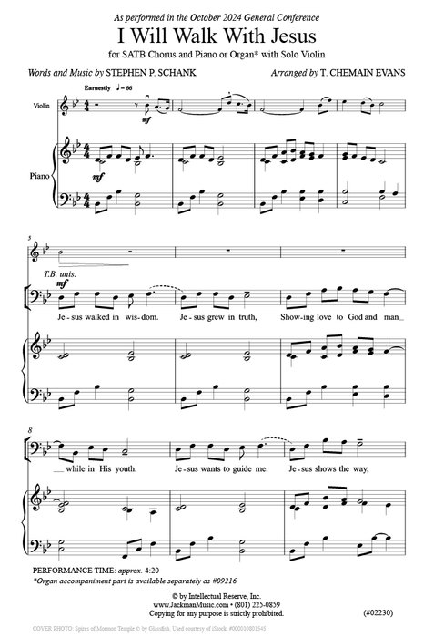 I Will Walk With Jesus - SATB, Violin, and Piano or Organ