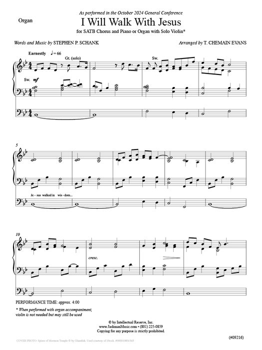 I Will Walk With Jesus - SATB, Violin, and Piano or Organ
