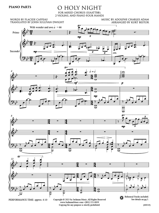 O Holy Night - SSAATTBB - Violins, Piano Four Hands - Bestor