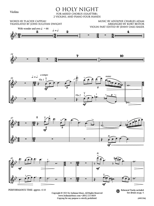O Holy Night - SSAATTBB - Violins, Piano Four Hands - Bestor