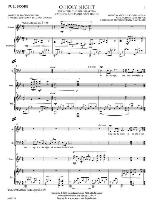 O Holy Night - SSAATTBB - Violins, Piano Four Hands - Bestor