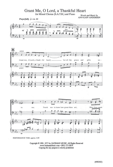 Grant Me, O Lord, a Thankful Heart - SATB