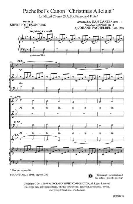 Pachelbel's Canon "Christmas Alleluia" - SAB, Piano & Flute | Sheet Music | Jackman Music