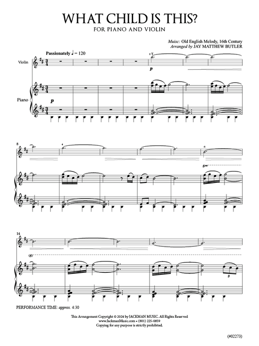 What Child Is This? for Solo Violin and Piano | Sheet Music | Jackman Music