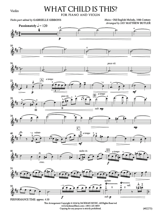 What Child Is This? for Solo Violin and Piano | Sheet Music | Jackman Music