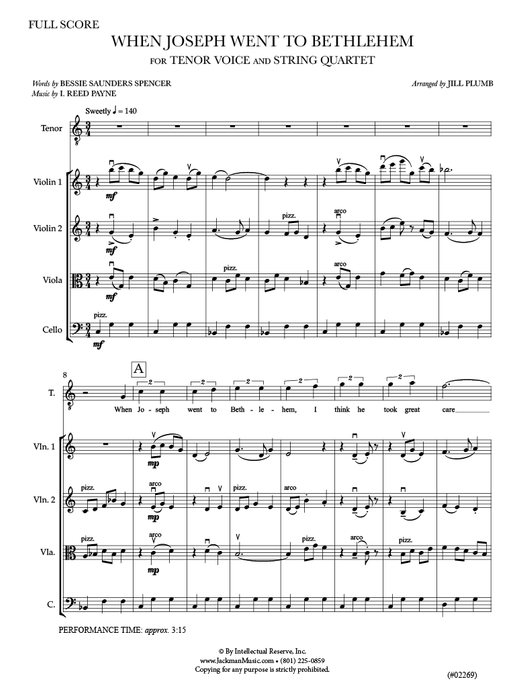 When Joseph Went to Bethlehem - Tenor Voice and String Quartet | Sheet Music | Jackman Music