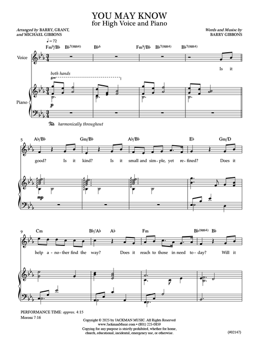 You May Know - High Vocal Solo | Jackman Music | Sacred Sheet Music