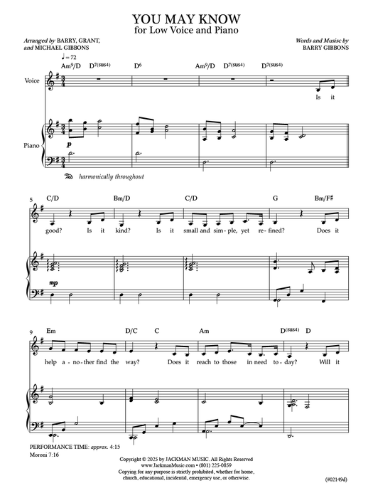 You May Know - Low Vocal Solo | Jackman Music | Sacred Sheet Music