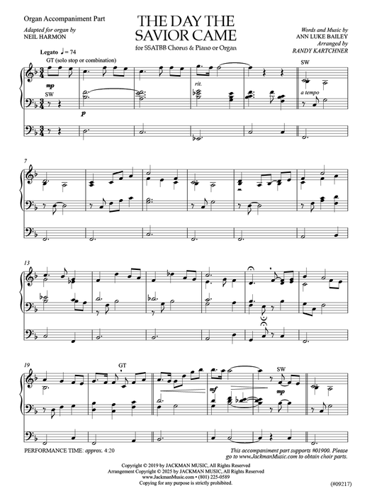 The Day the Savior Came - SSATBB Cover  | Sheet Music | Jackman Music