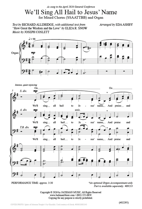 We'll Sing All Hail to Jesus' Name - Mixed SSSAATTBB Chorus and Organ | Sheet Music | Jackman Music