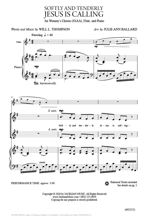 Softly and Tenderly Jesus Is Calling - SSAA, Flute, and Piano - Julie Ann Ballard | Sheet Music | Jackman Music
