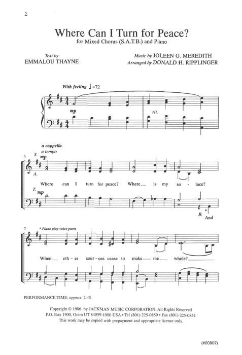 Where Can I Turn for Peace? - SATB - Ripplinger