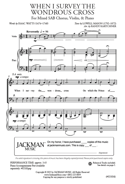 When I Survey the Wondrous Cross - SAB and Violin