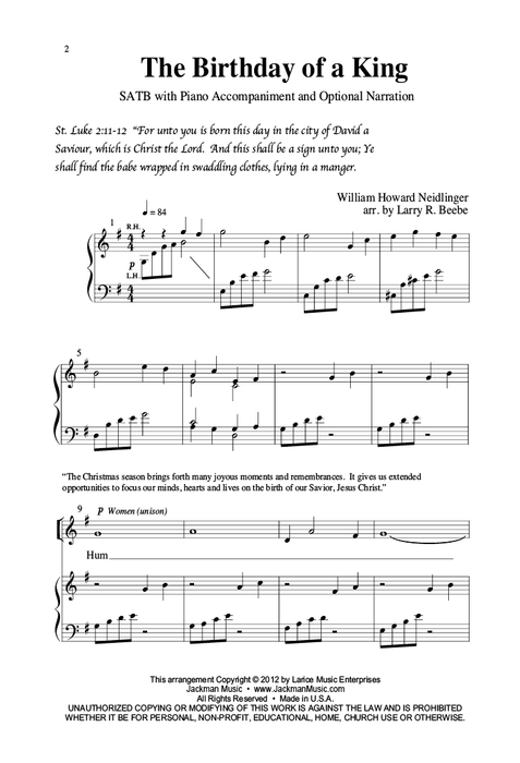 The Birthday of a King - SATB