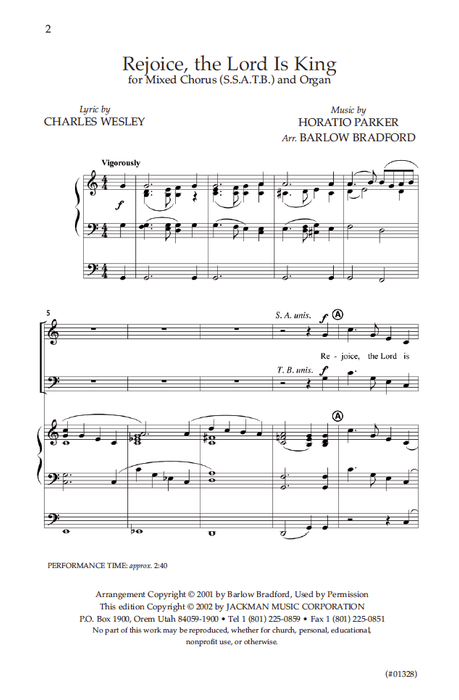 Rejoice, the Lord Is King - SSATB and Organ