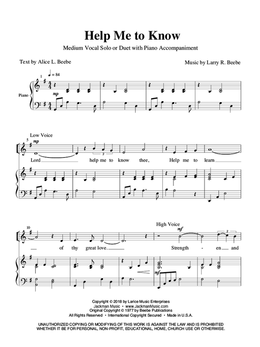 Help Me to Know - Vocal Solo/Duet