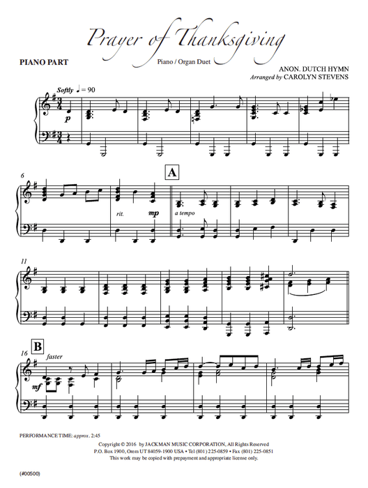 Prayer of Thanksgiving - Piano Organ Duet