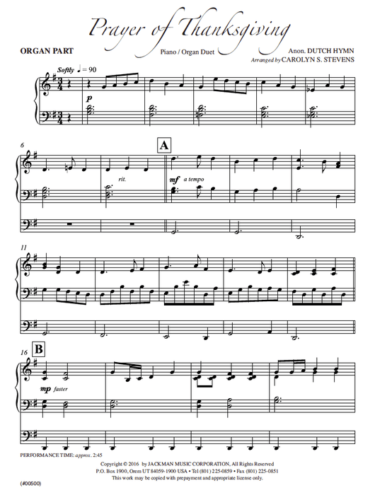 Prayer of Thanksgiving - Piano Organ Duet