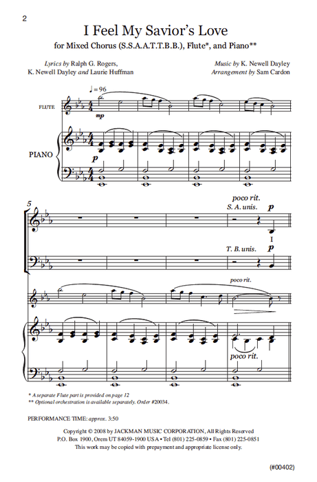 I Feel My Savior's Love - SSAATTBB, Flute & Piano