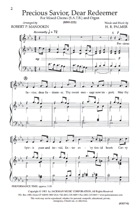 Precious Savior, Dear Redeemer - SATB - Manookin