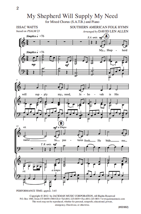My Shepherd Will Supply My Need - SATB - Allen