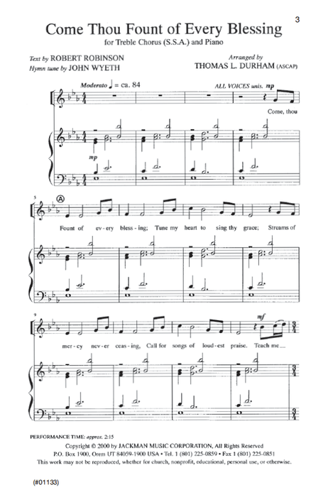 Come Thou Fount of Every Blessing - SSA