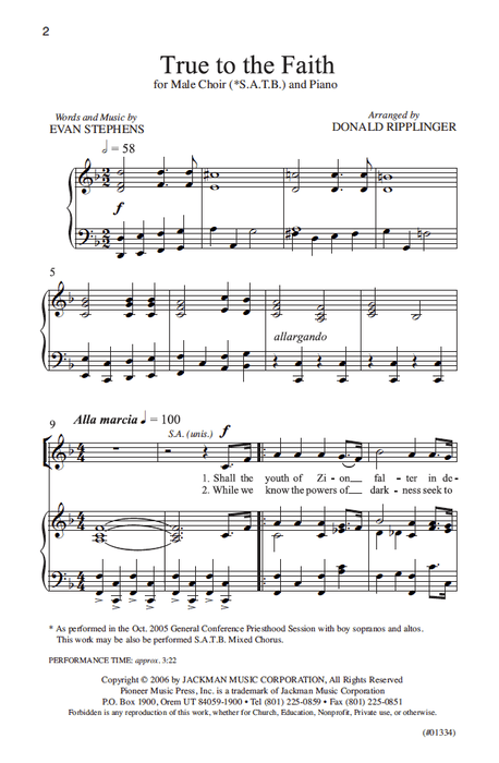 True to the Faith - Male Chorus