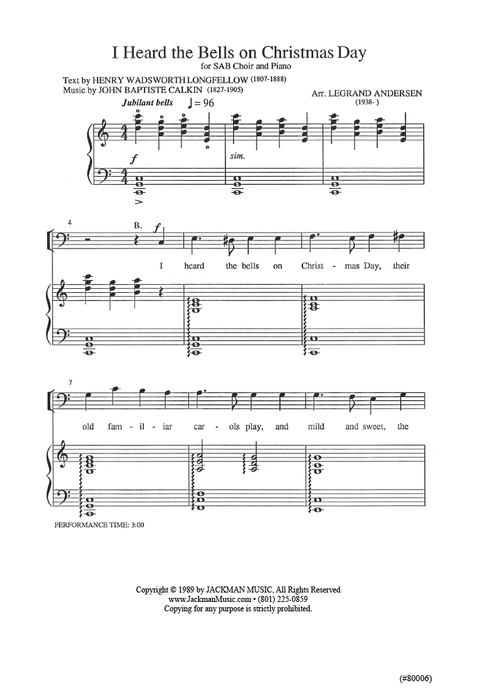 I Heard the Bells on Christmas Day - SAB - Andersen