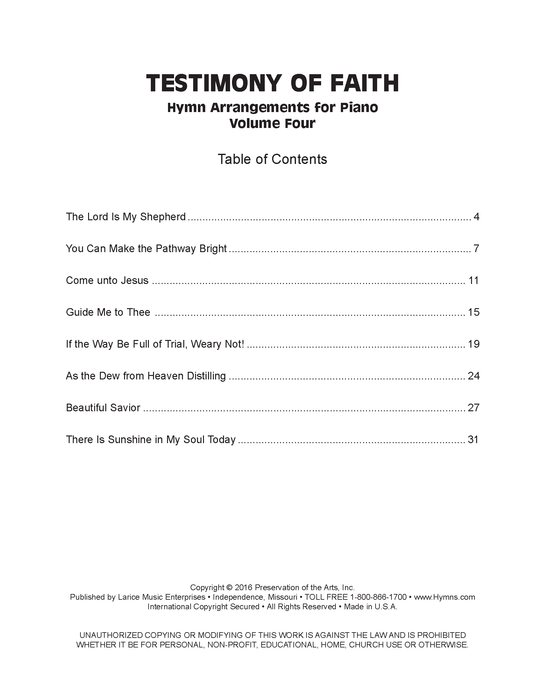 Testimony of Faith - Volume 4 - Piano