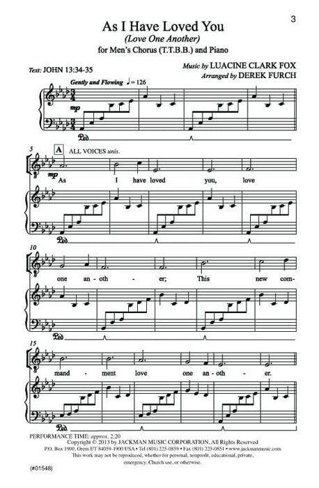 As I Have Loved You Love One Another Ttbb | Sheet Music | Jackman Music