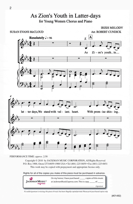 As Zions Youth In Latter Days Sa | Sheet Music | Jackman Music