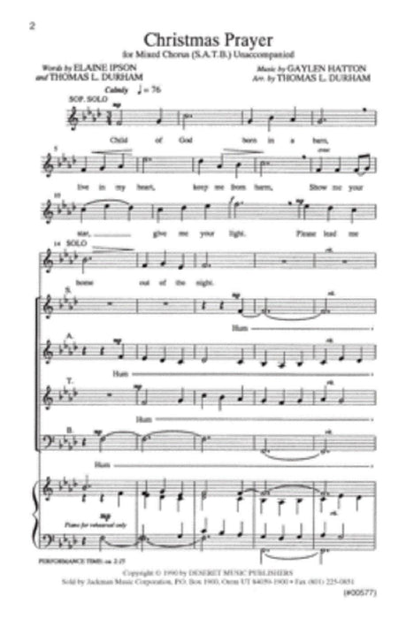 Christmas Prayer Satb A Cappella | Sheet Music | Jackman Music