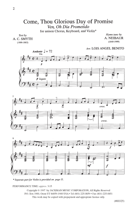 Come Thou Glorious Day Of Promise Unison | Sheet Music | Jackman Music