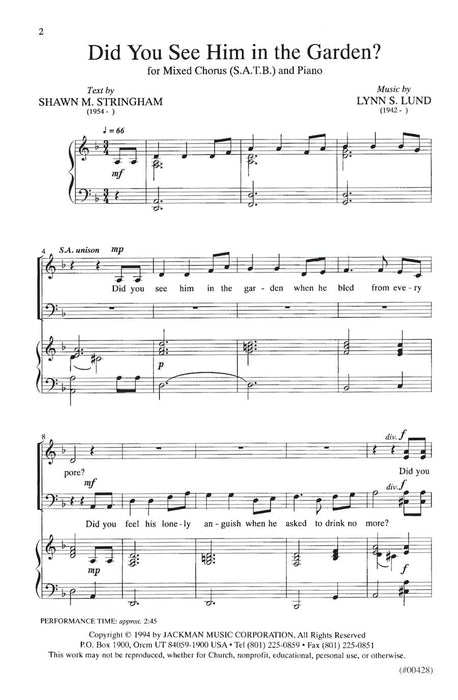 Did You See Him In The Garden Satb | Sheet Music | Jackman Music