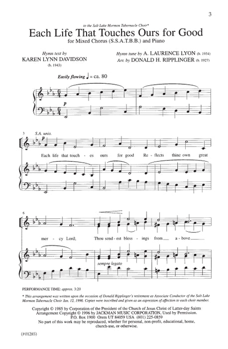 Each Life That Touches Ours For Good Ssatbb | Sheet Music | Jackman Music