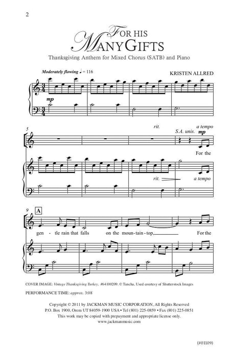 For His Many Gifts Satb | Sheet Music | Jackman Music