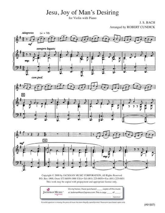 Jesu Joy Of Mans Desiring Violin | Sheet Music | Jackman Music