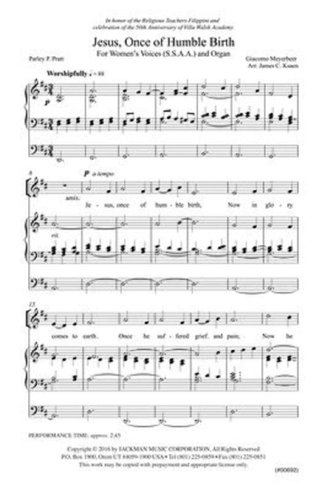 Jesus Once Of Humble Birth Ssaa | Sheet Music | Jackman Music