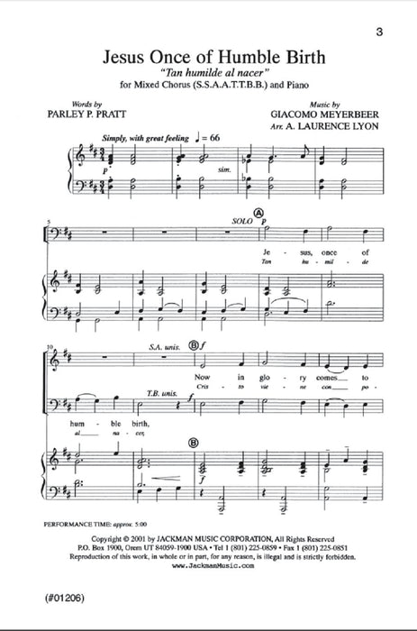 Jesus Once Of Humble Birth Ssaattbb Lyon | Sheet Music | Jackman Music